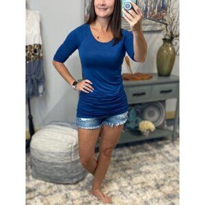 ❤️‍🔥Scoop Neck Ruched 3/4 Gathered Sleeves Sides Top Mid Navy Blue 3121